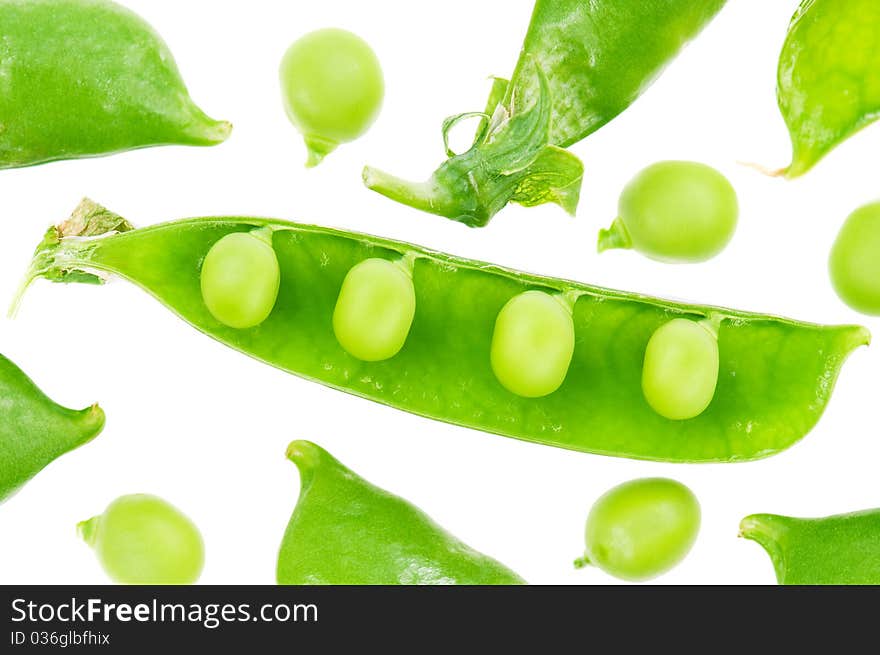 Fresh green pea pod isolated on white background