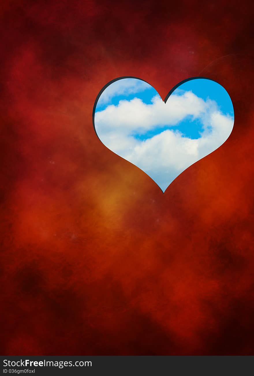 The cut out in red background heart against blue sky; digital illustration. The cut out in red background heart against blue sky; digital illustration