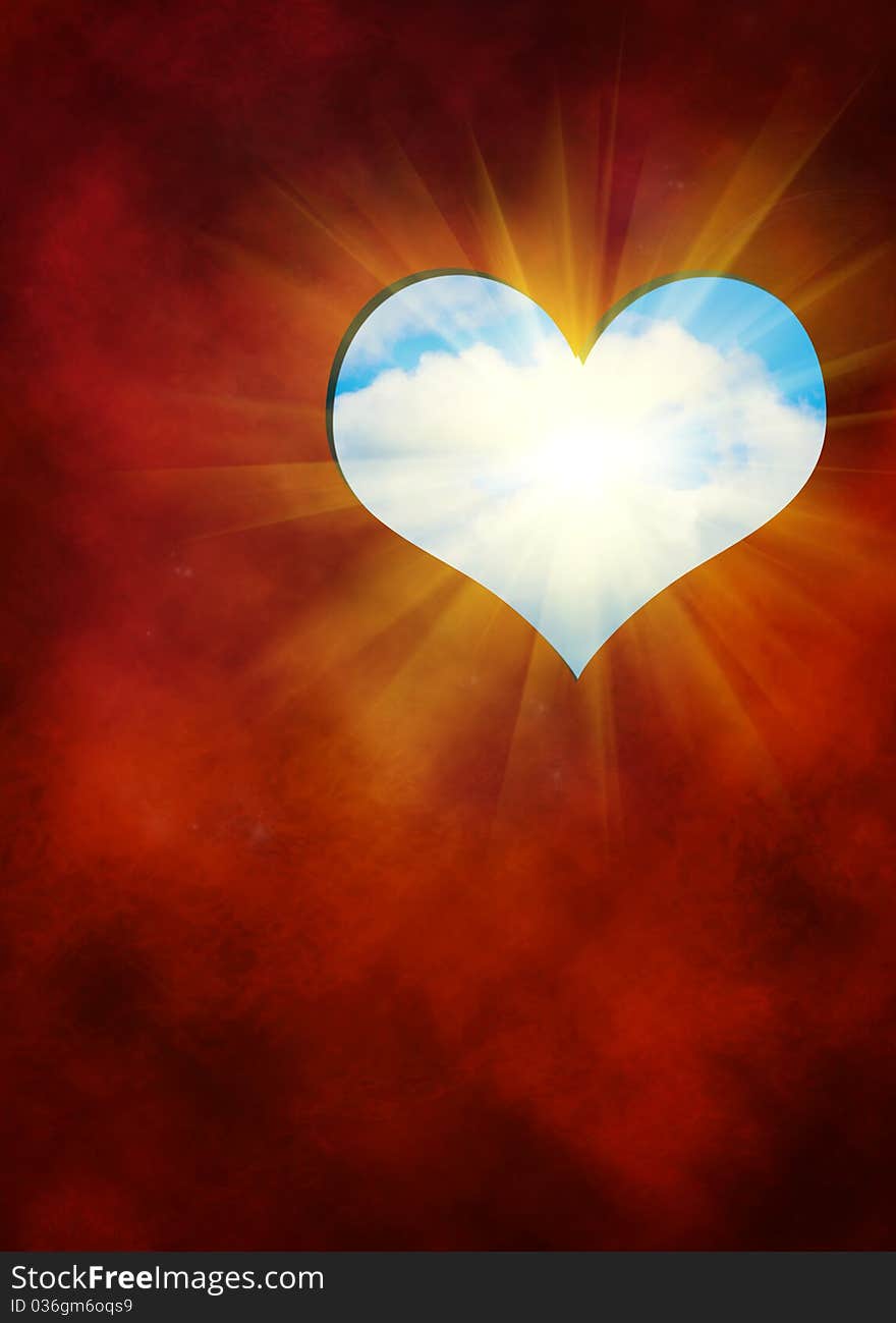 The cut out in red background hearts against blue sky with light; digital illustration. The cut out in red background hearts against blue sky with light; digital illustration