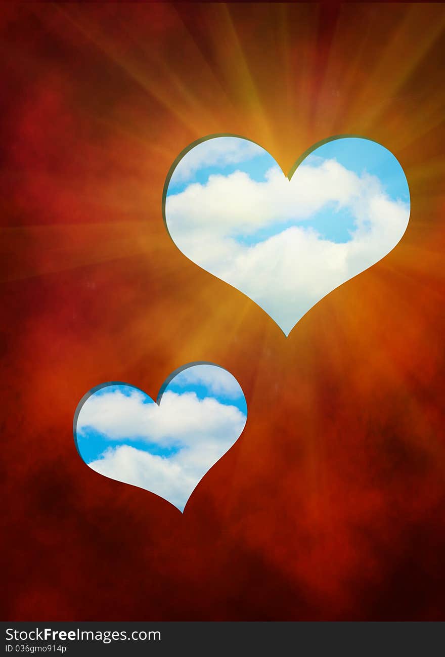 The cut out in red hearts against blue sky; digital illustration