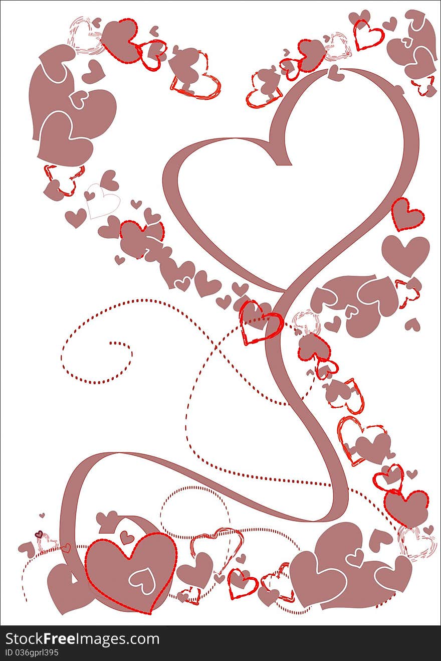 Violet ribbon in the shape of the heart. Frame ribbon and hearts in red and violet color. Free text. Violet ribbon in the shape of the heart. Frame ribbon and hearts in red and violet color. Free text.