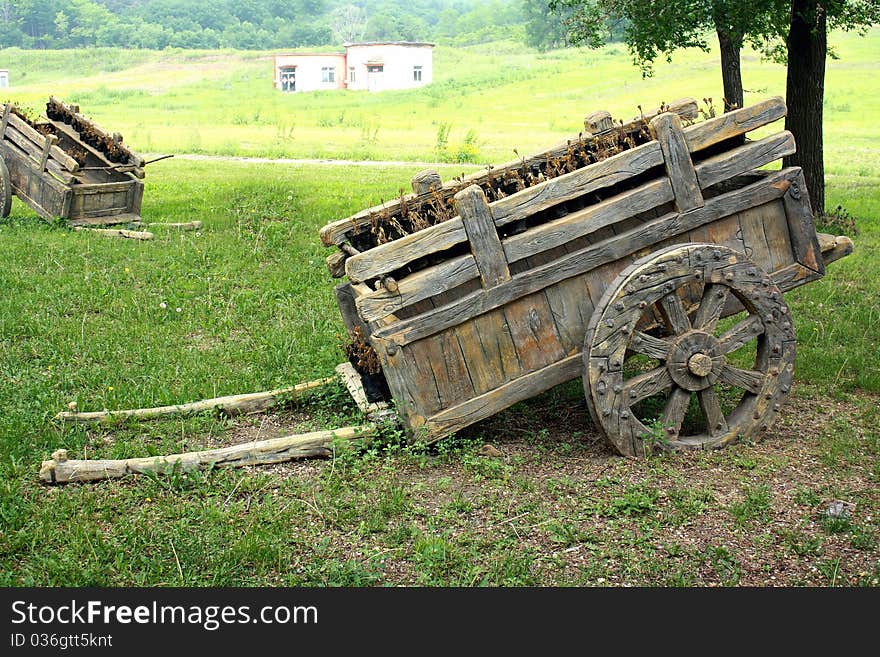 Wooden man drawn trucks on the grass in a farm in china