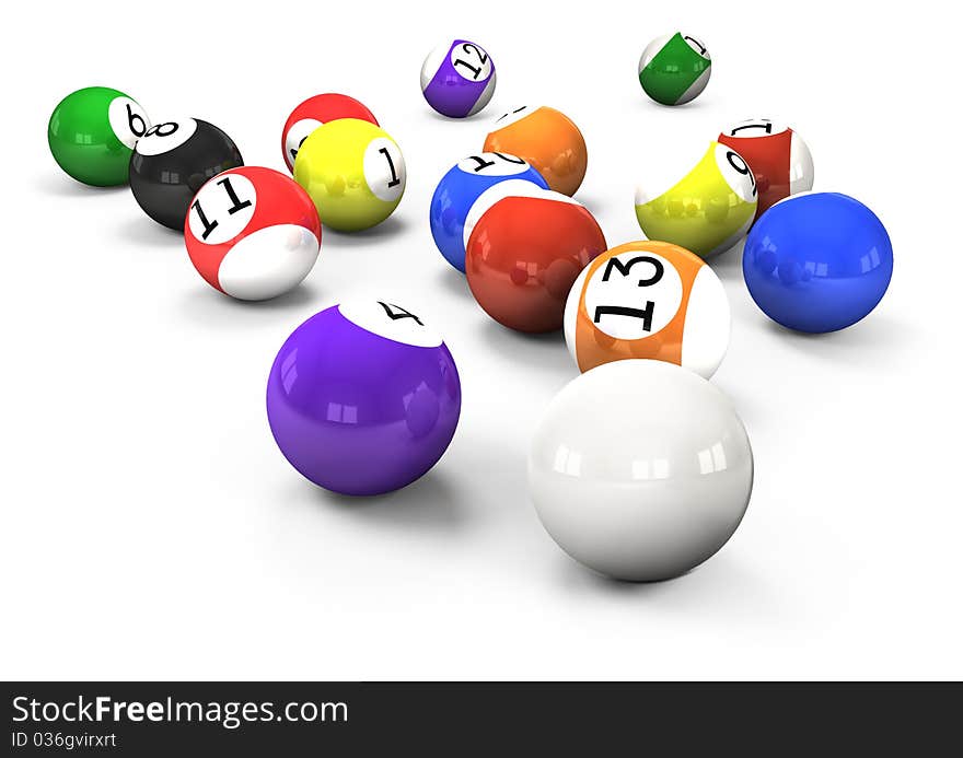 Billiard balls out of American billiards on a white background