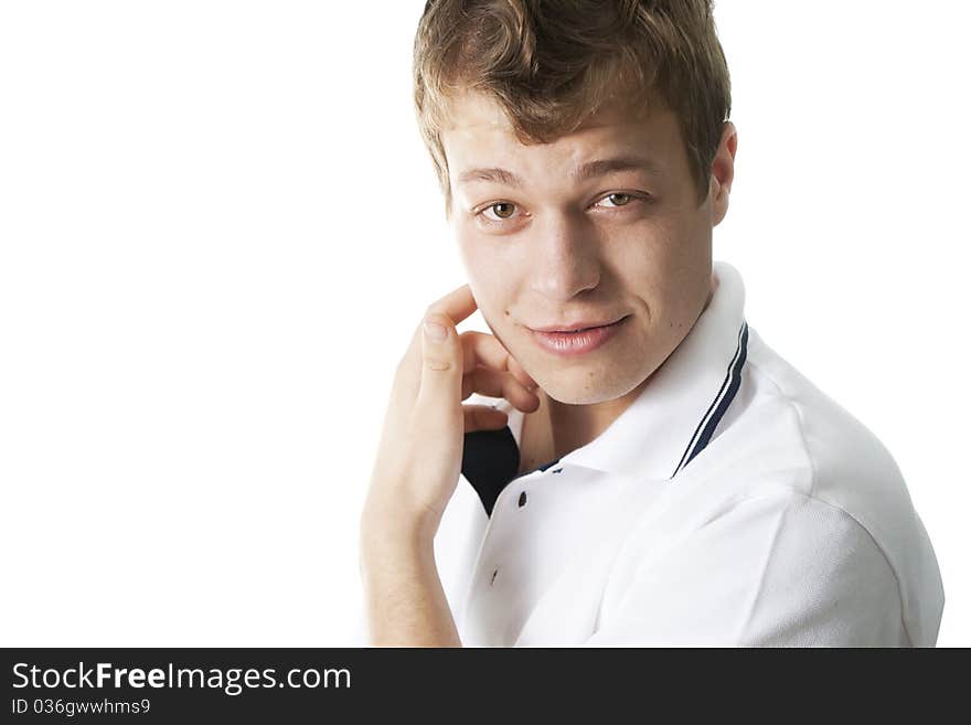 White young man touching his neck and looking on you