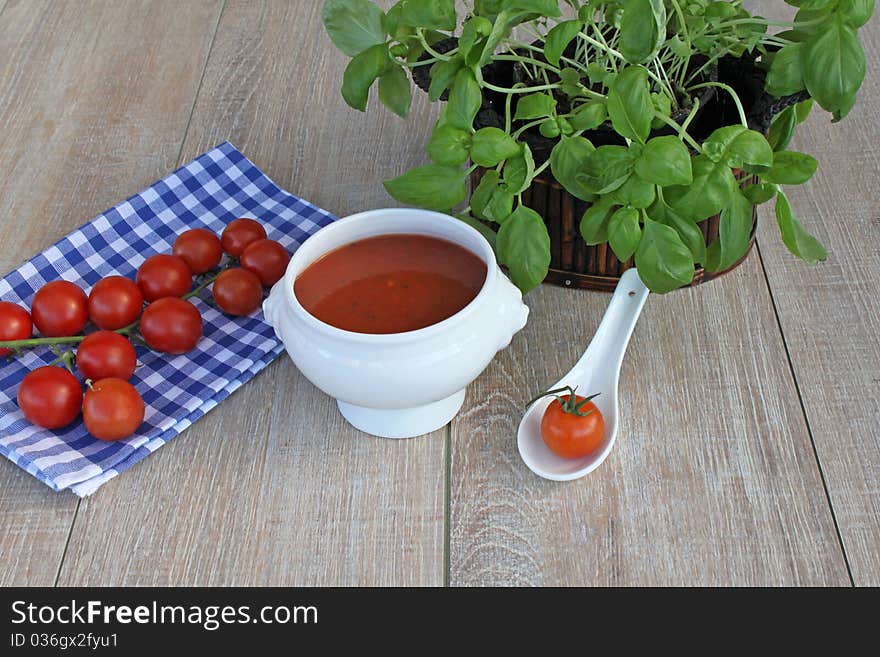 Vegetarian cuisine with basil and tomato soup