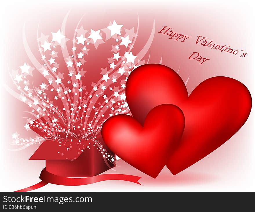 Valentine background with two red hearts and gift