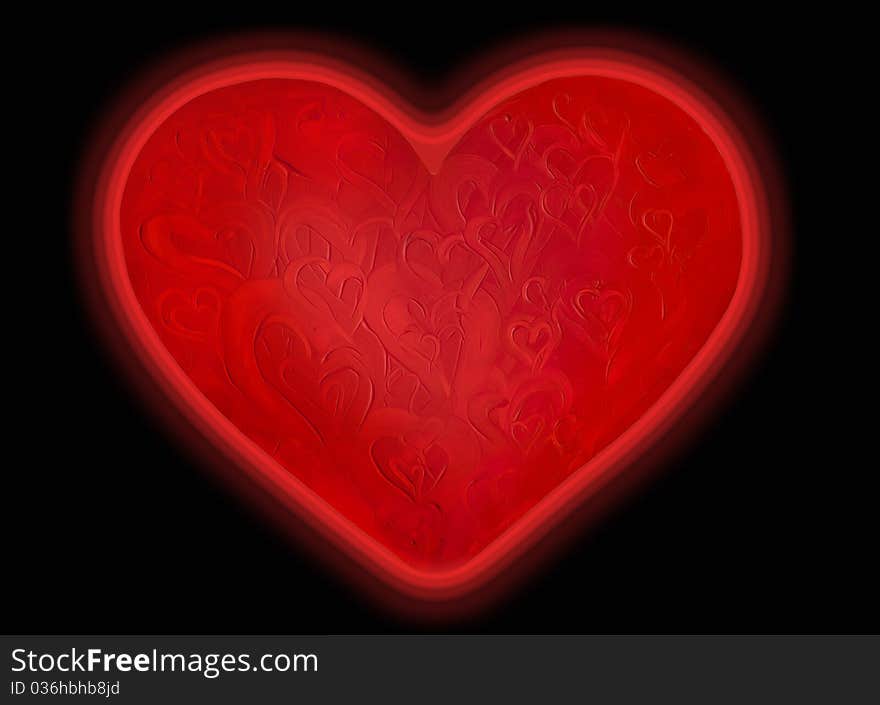 Isolated paint-texture red glowing heart on black