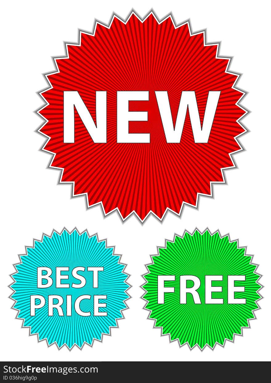 Colored stickers with new , best price and free text