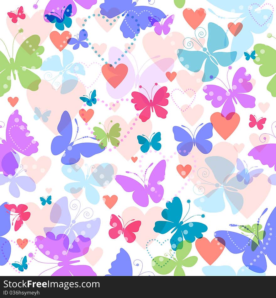 White seamless valentine pattern with hearts and butterflies