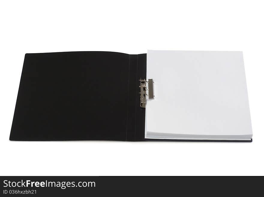 The black plastic folder for papers is isolated on a white background