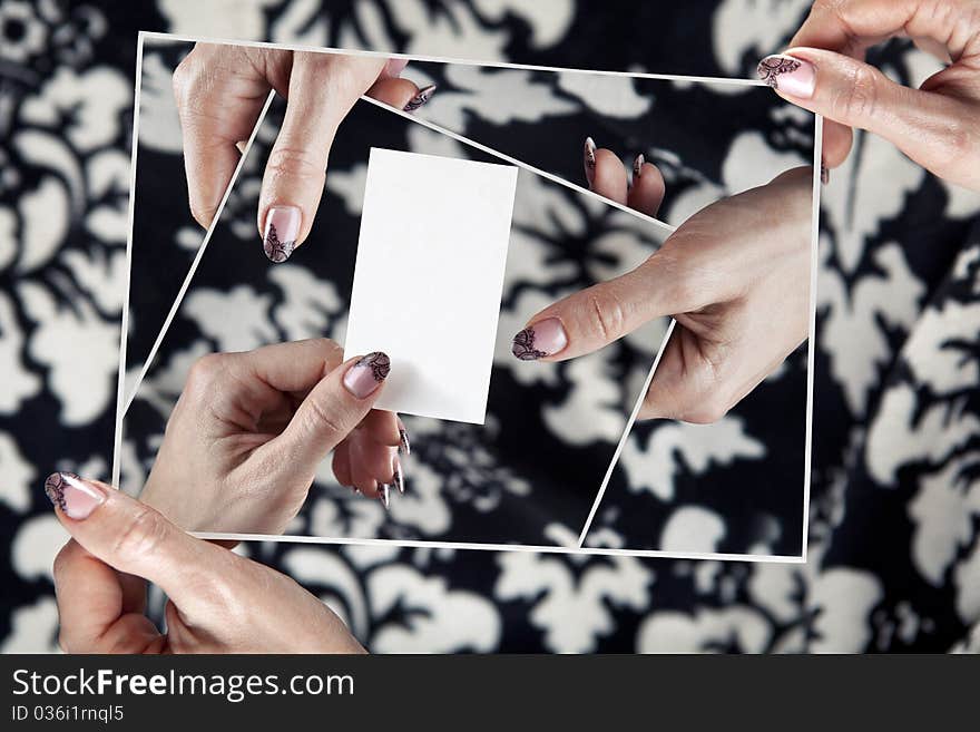 Multitude hands of women hold empty white card.