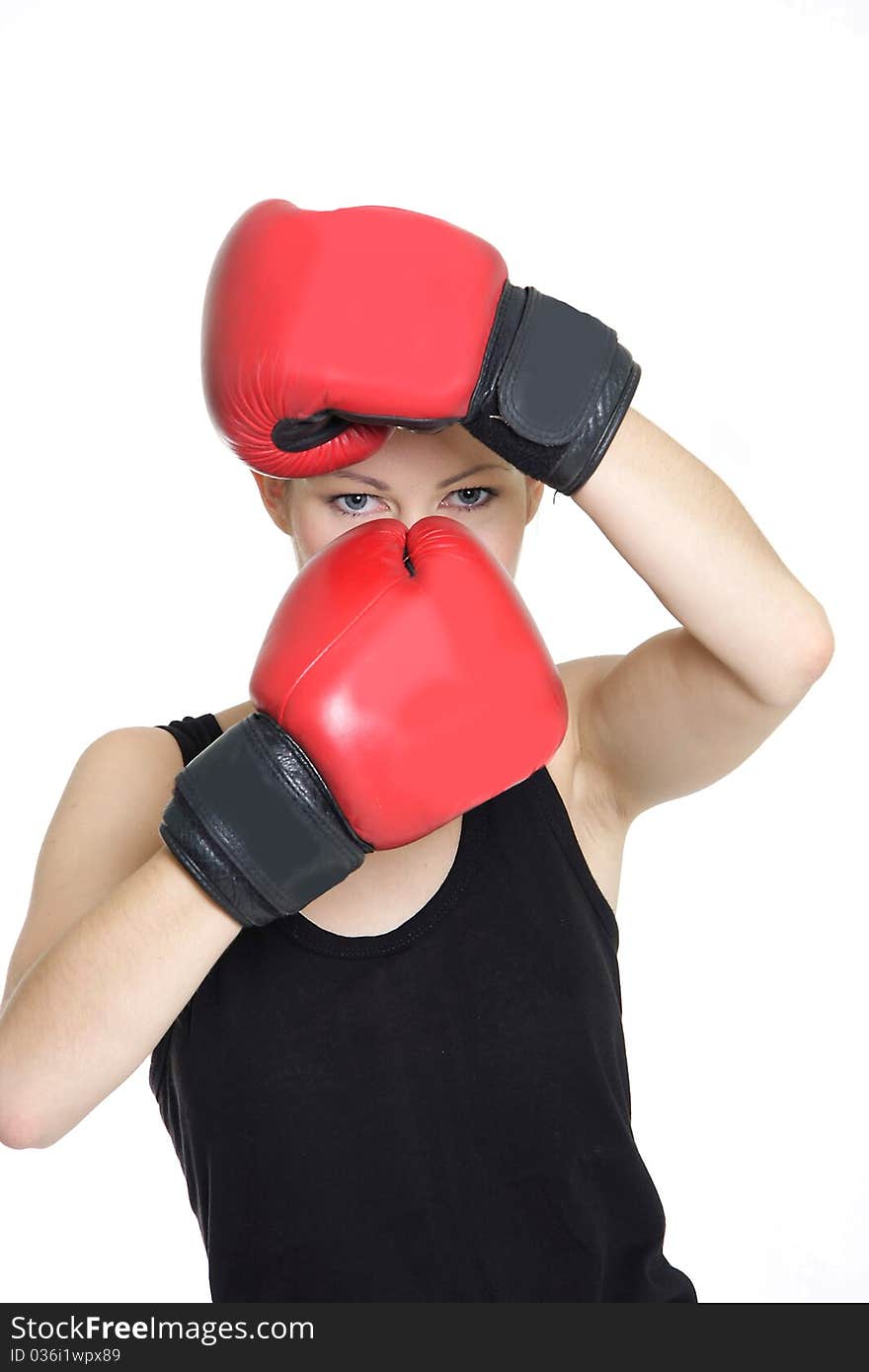 Woman boxer over white background