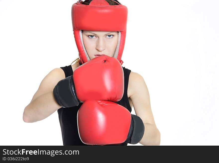 Woman boxer over white background