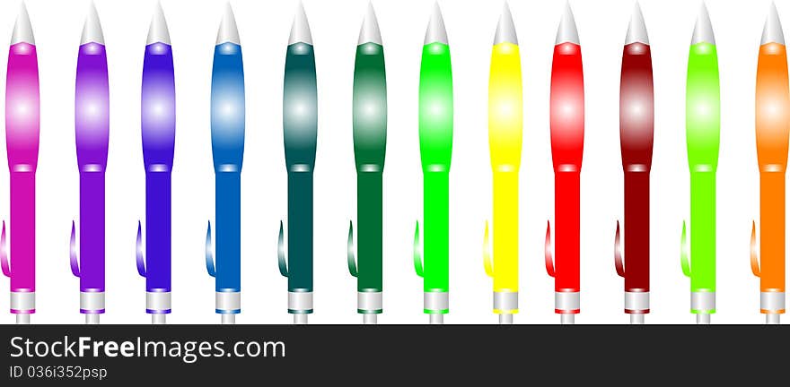 Many colored pen isolated on a white background. Many colored pen isolated on a white background