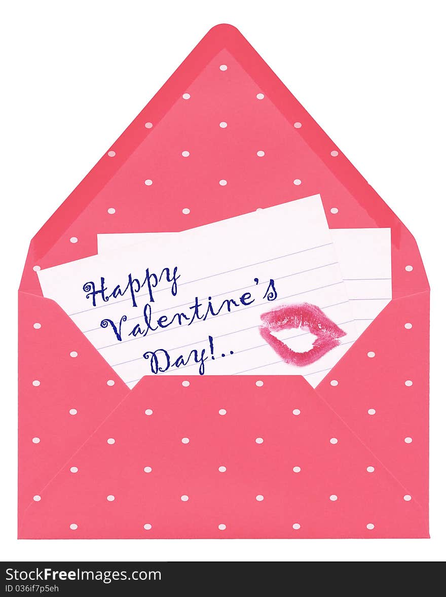 Love letter Happy Valentine's day with lipstick kiss mark in vintage pink dappled envelope