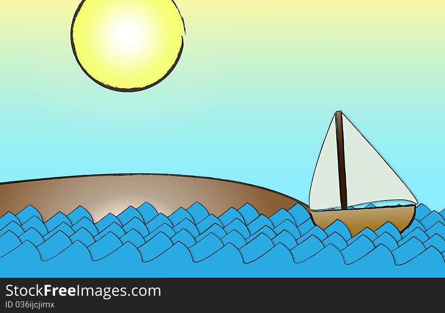 Storybook looking vector illustration of a sailboat in the ocean and a small nearby beach. Storybook looking vector illustration of a sailboat in the ocean and a small nearby beach.