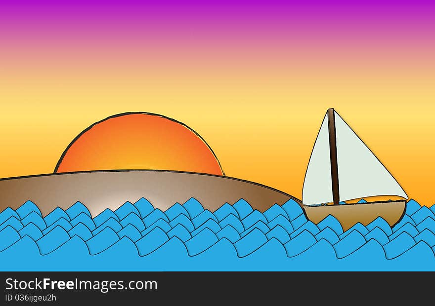 Storybook looking vector illustration of a sailboat in the ocean and a small nearby beach at dusk. Storybook looking vector illustration of a sailboat in the ocean and a small nearby beach at dusk.