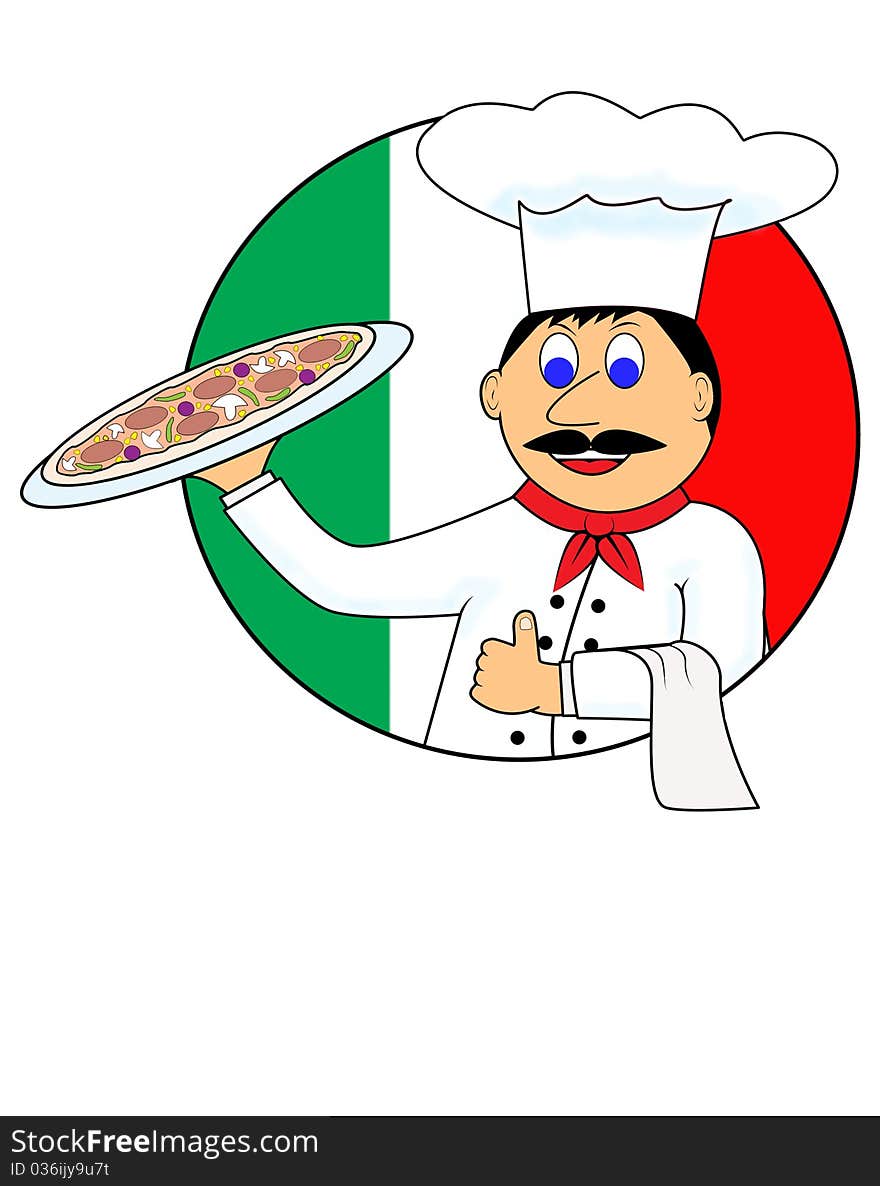 Cartoon pizza and cook on a white background