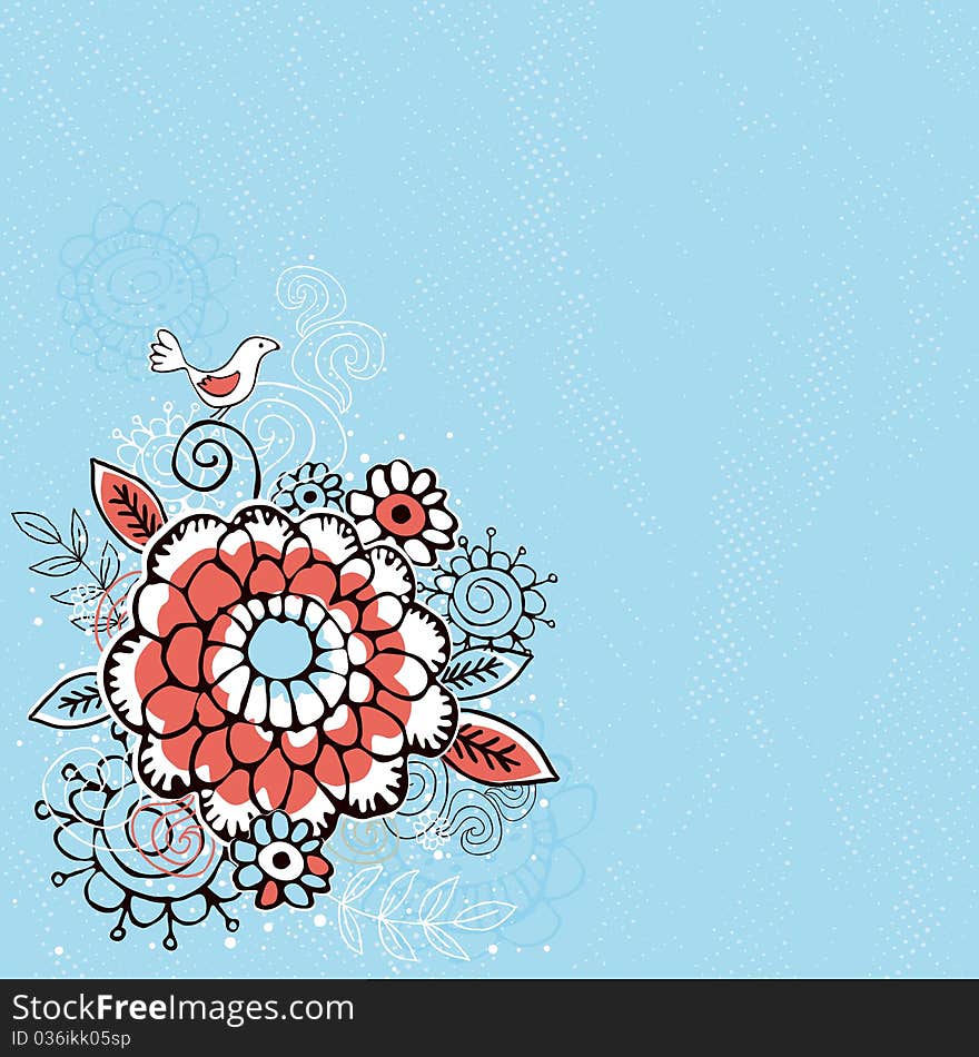 Hand draw  flowers on  blue grunge background