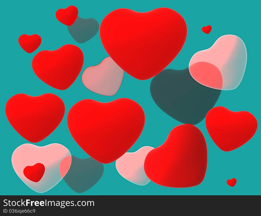 Red shiny hearts on color background