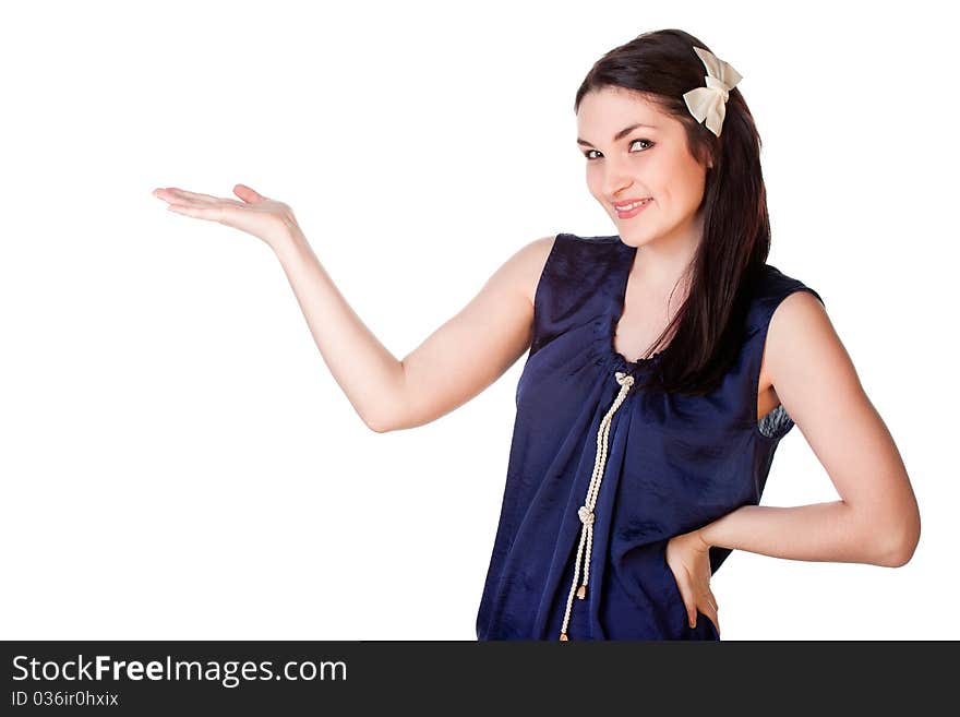 Young woman offering something - portrait isolated