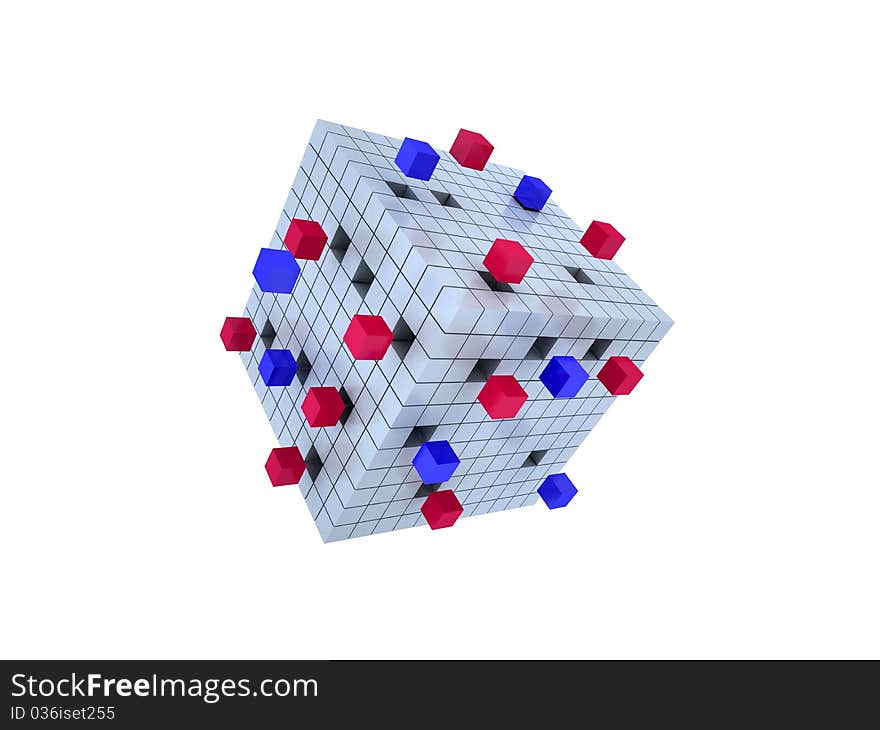 3D Blue cube with small cubes around