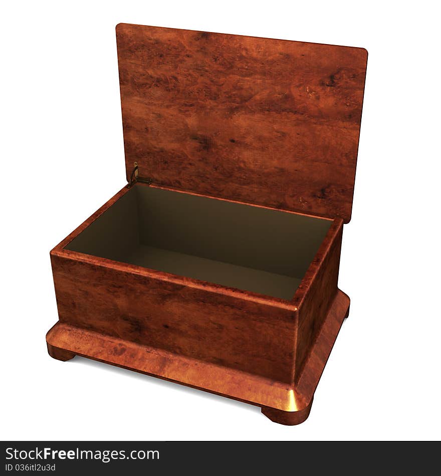 A fancy empty wooden jewelry box isolated on a white background