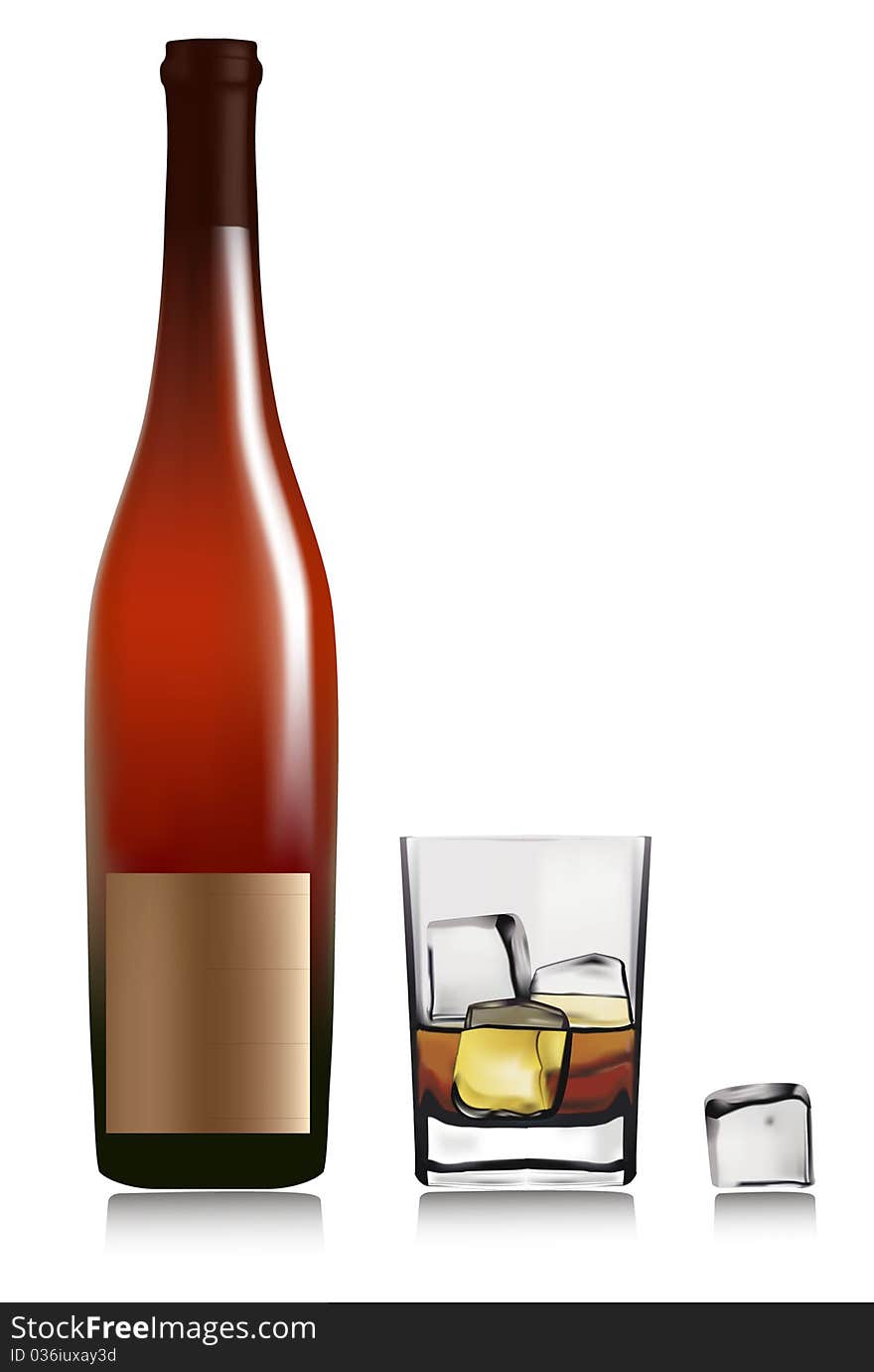 Bottle and lass with whiskey and ice cubes. Vector.