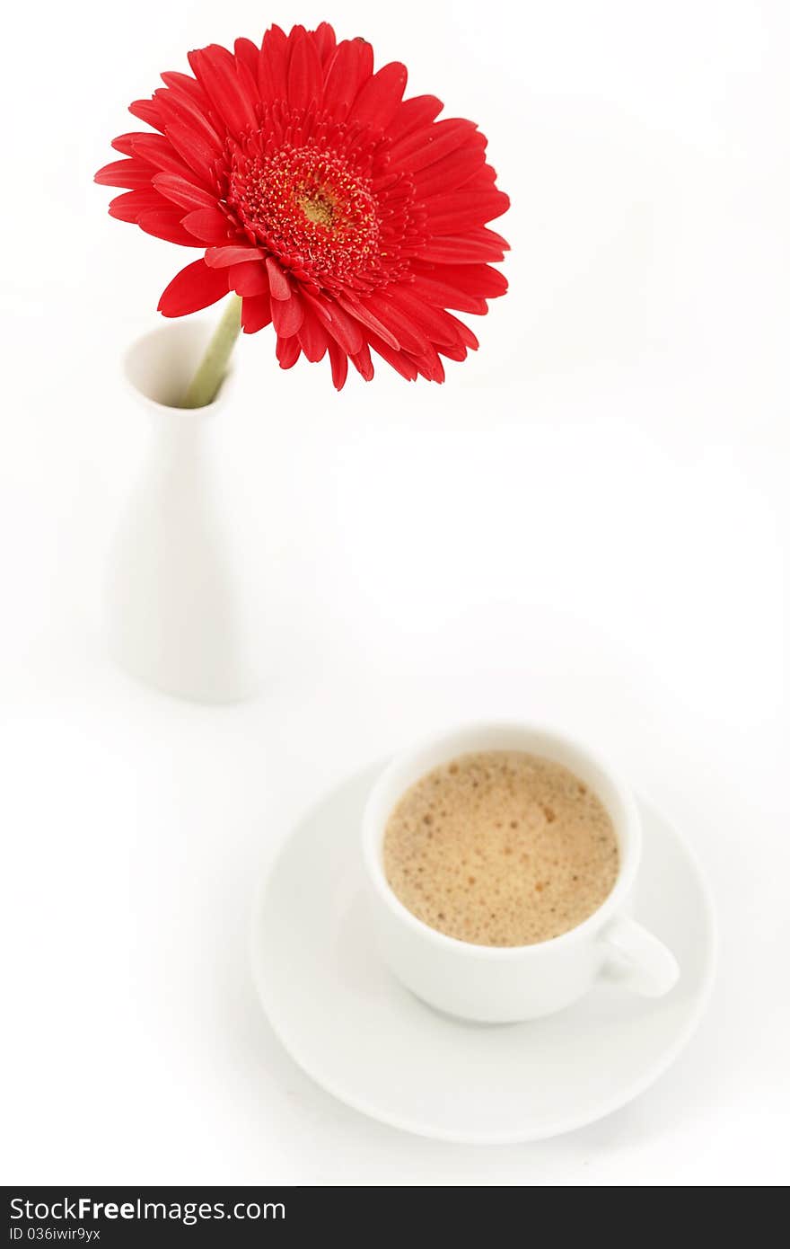 Flower In Vase Near Caup Of Coffee