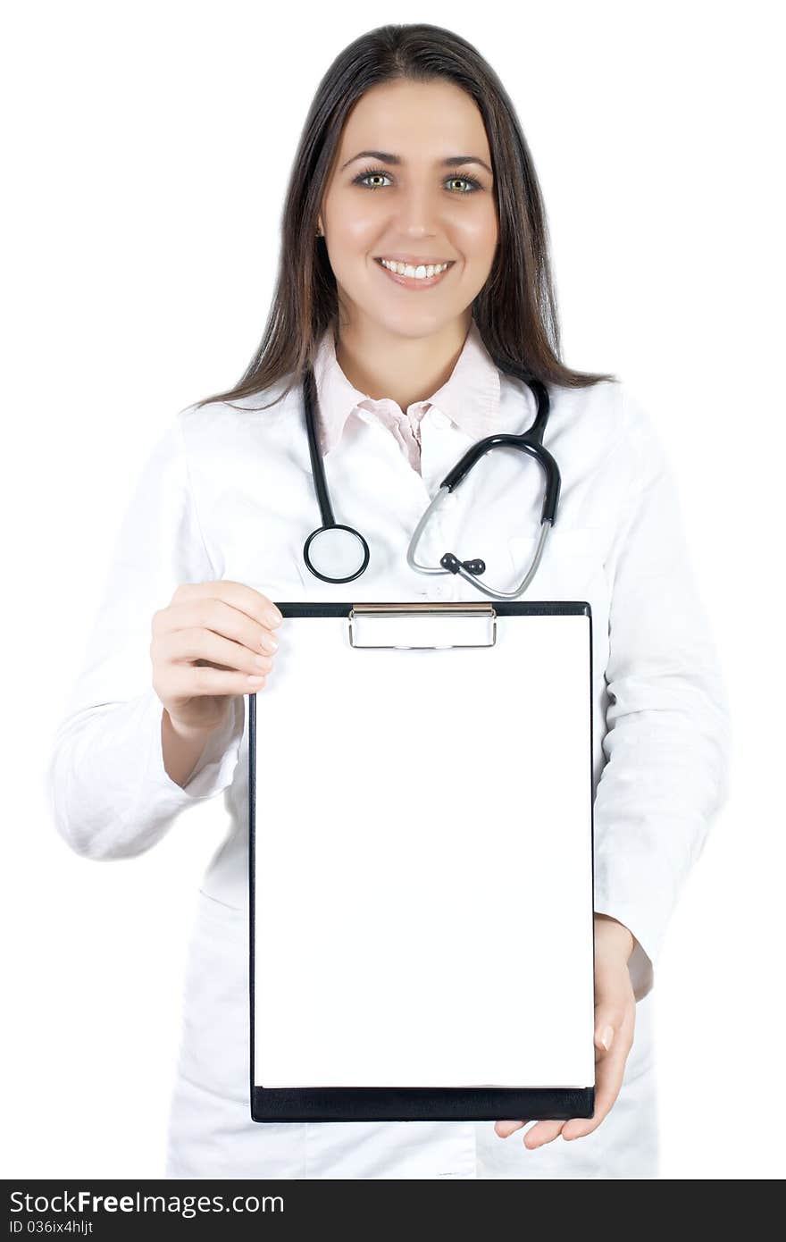 Portrait of friendly female doctor with stethoscope and clipboard. Portrait of friendly female doctor with stethoscope and clipboard.