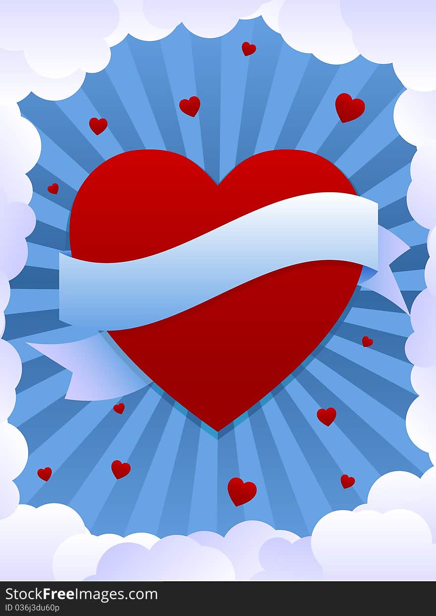 An illustration of a giant heart with cloudy blue background and wavy banner left blank for template use. An illustration of a giant heart with cloudy blue background and wavy banner left blank for template use.