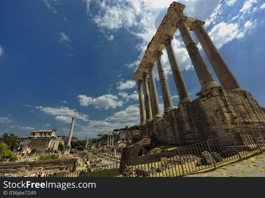 The Forum Romanum in Rome, Italy, with the ruins of several temples. The Forum Romanum in Rome, Italy, with the ruins of several temples