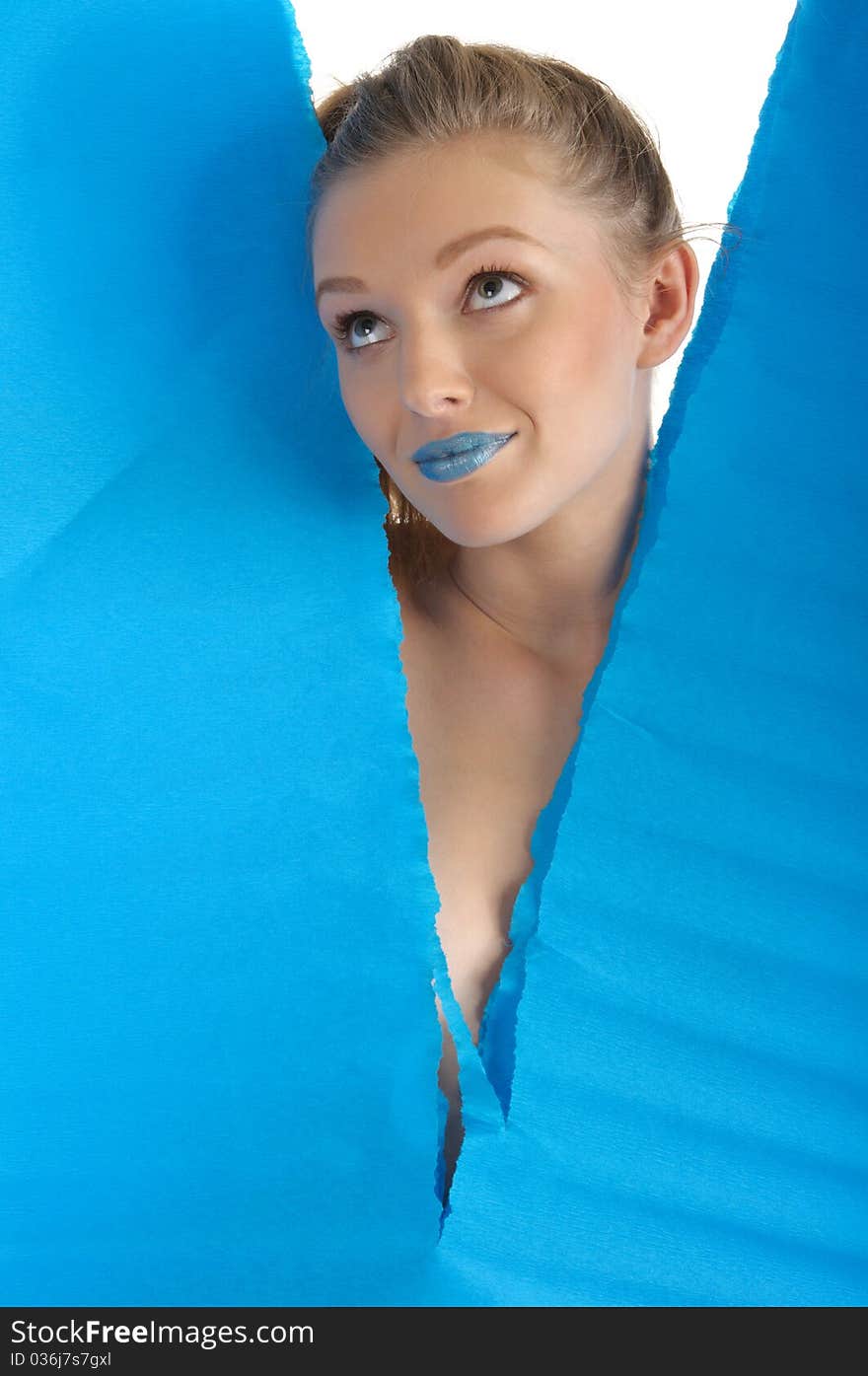 Young Woman With Blue Sheet Of Paper