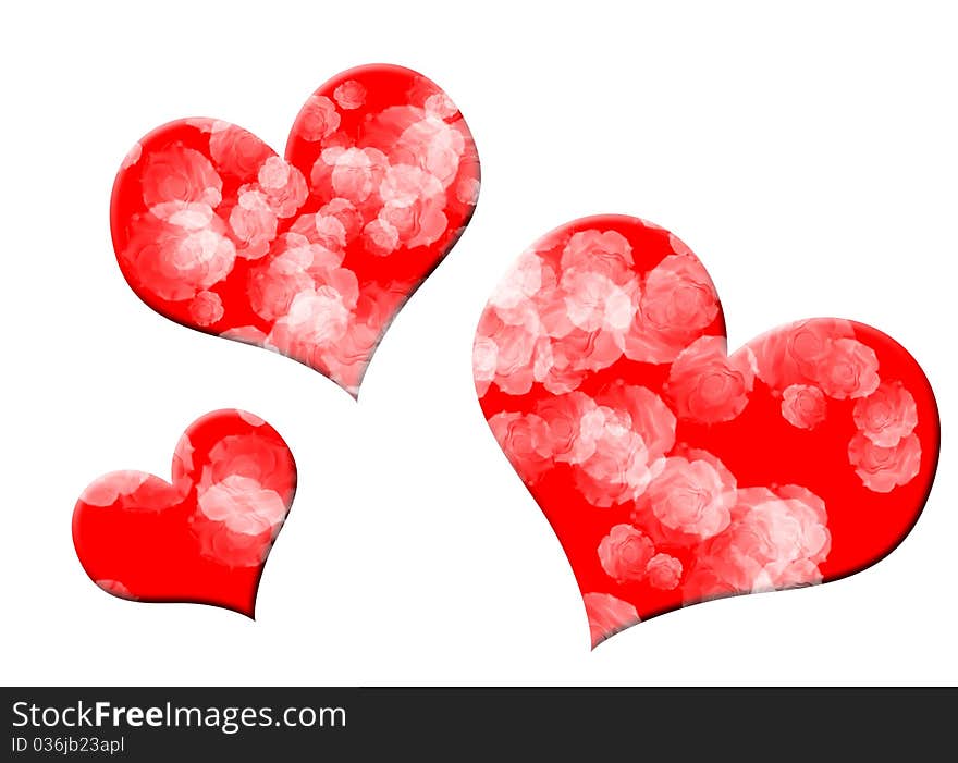 Three red hearts filled with white roses on pure white background. Three red hearts filled with white roses on pure white background