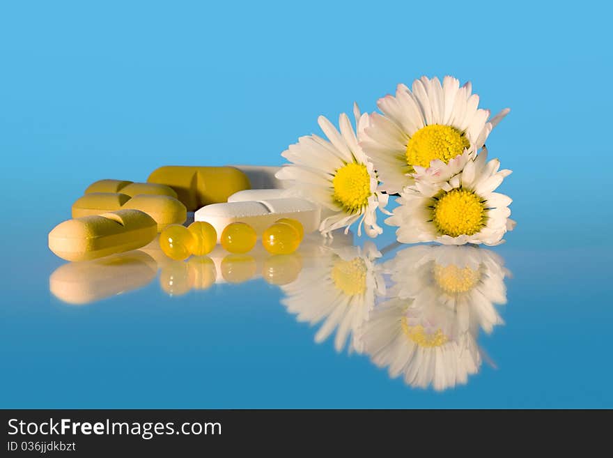 Daisies and drugs on a blue background