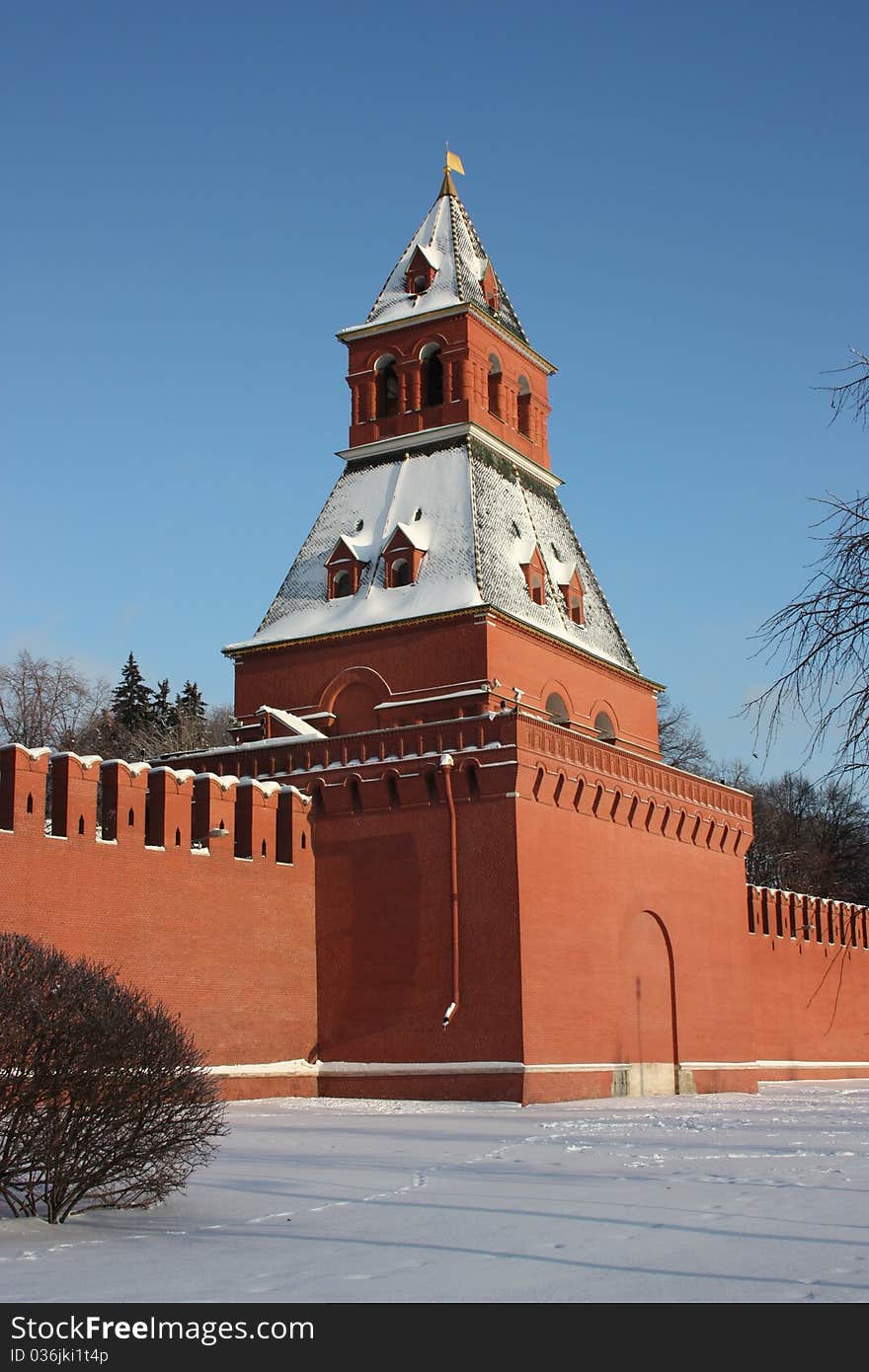 Russia, Moscow. Taynitskaya tower of Kremlin wall. Russia, Moscow. Taynitskaya tower of Kremlin wall.