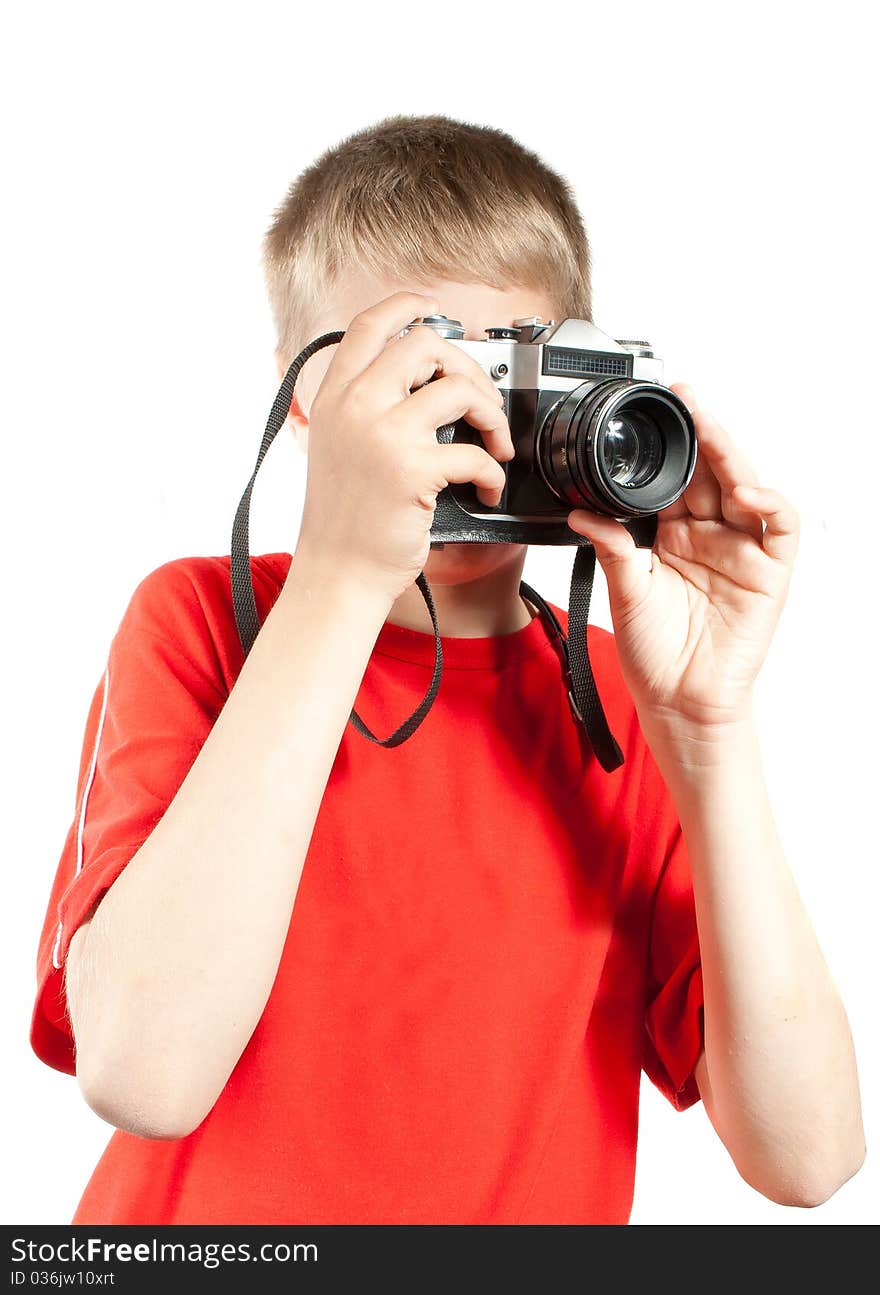 Professional photographer isolated on white. Portrait of young teenager