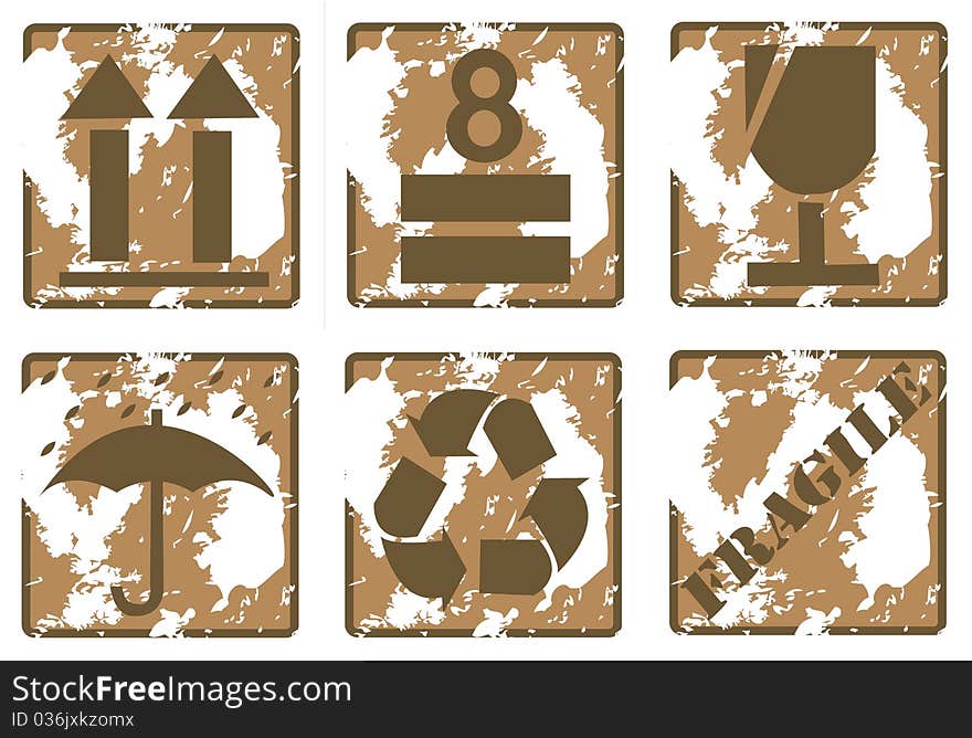 Set of grunge fragile symbol on cardboard isolated on white -