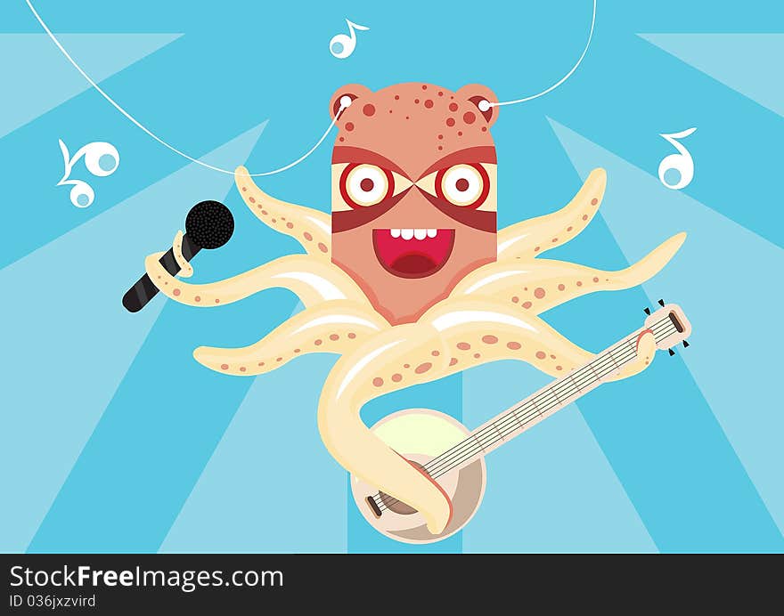 Happy octopus playing banjo in the sea