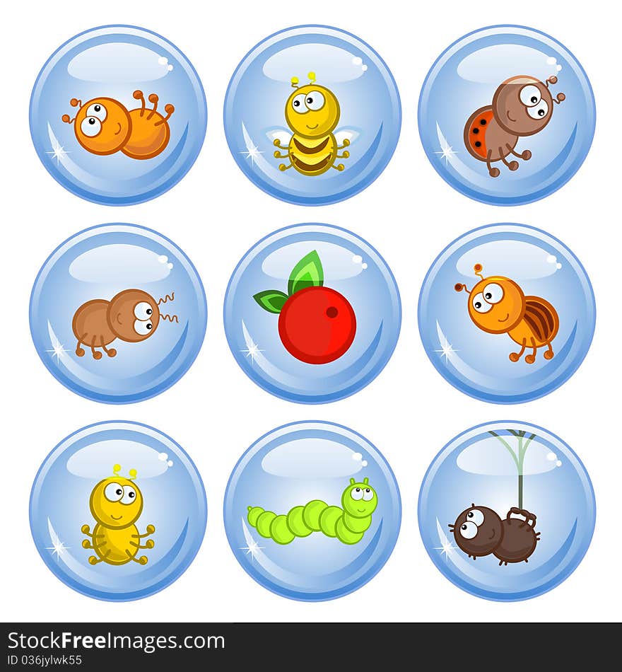 A set of buttons. Cheerful comical insects in different poses. Isolated. Icons. A set of buttons. Cheerful comical insects in different poses. Isolated. Icons.