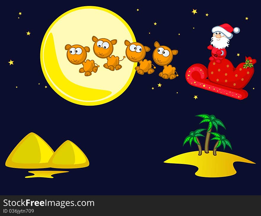 Santa Claus flies on camel cart. Night landscape, palm trees, sand, pyramids. Comics. Isolated. Santa Claus flies on camel cart. Night landscape, palm trees, sand, pyramids. Comics. Isolated.