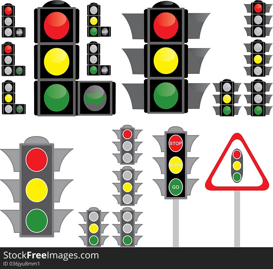 Big set of traffic light variants isolated on white background -