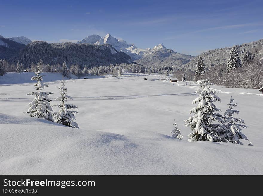 Winter landscape nearby alps mountains in upper bavaria, germany