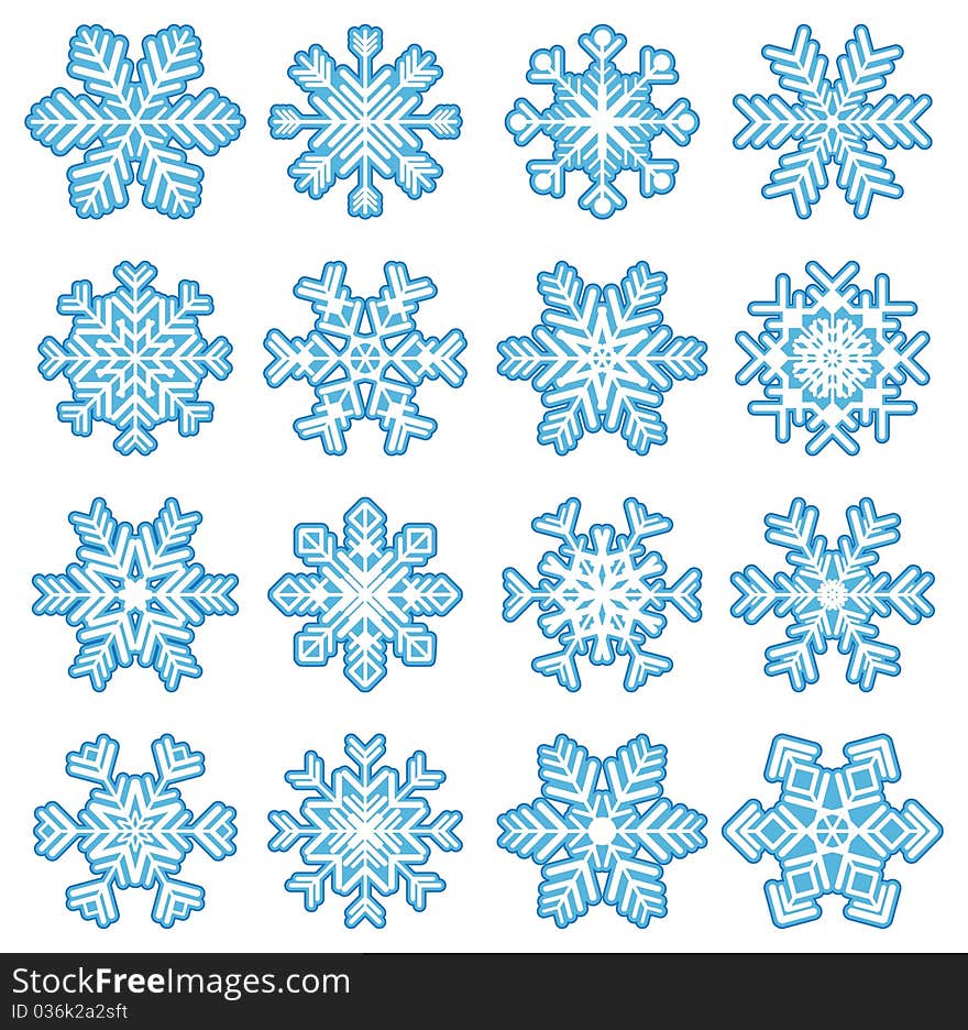 Set of 16 highly detailed snowflakes