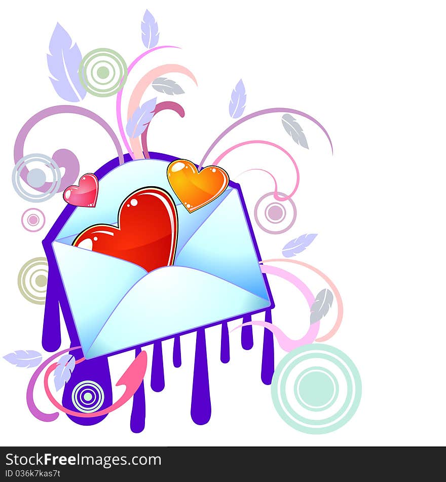 Envelope with glossy hearts, swirls, feathers or leaves and circles. Envelope with glossy hearts, swirls, feathers or leaves and circles