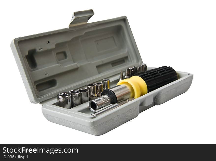 Screwdriver with different nozzles in a box