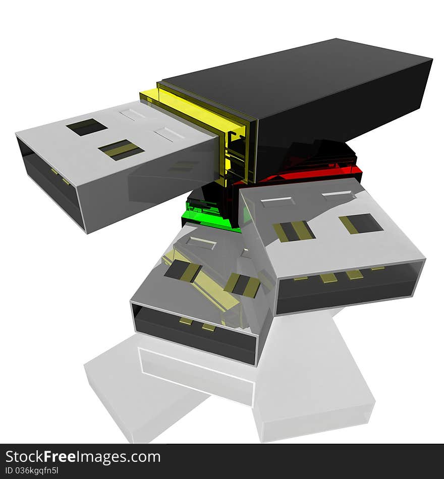 Three computer flash drives are stacked. 3d computer modeling