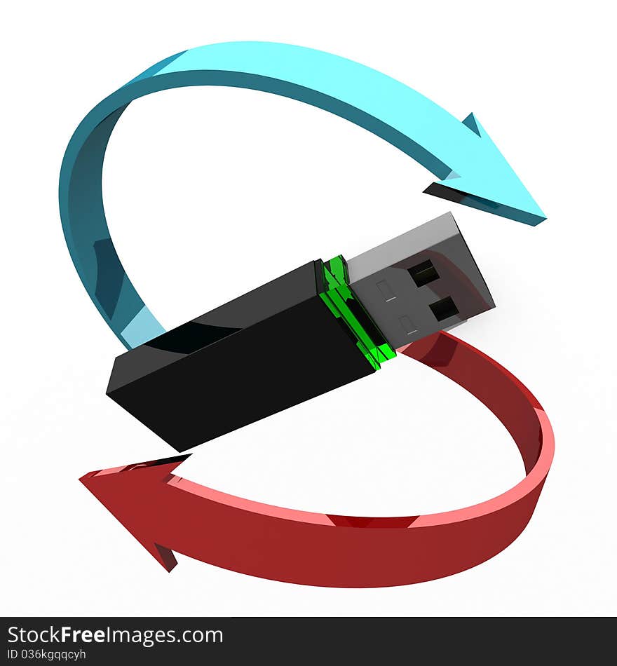 Computer flash drive around which red and blue arrows. 3d computer modeling