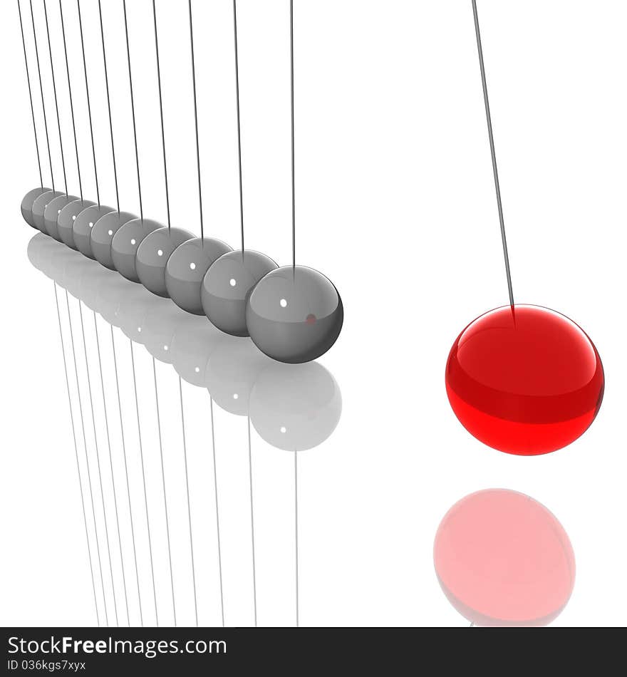 Shiny balls hanging from a rope, one of which is glass. 3d computer modeling