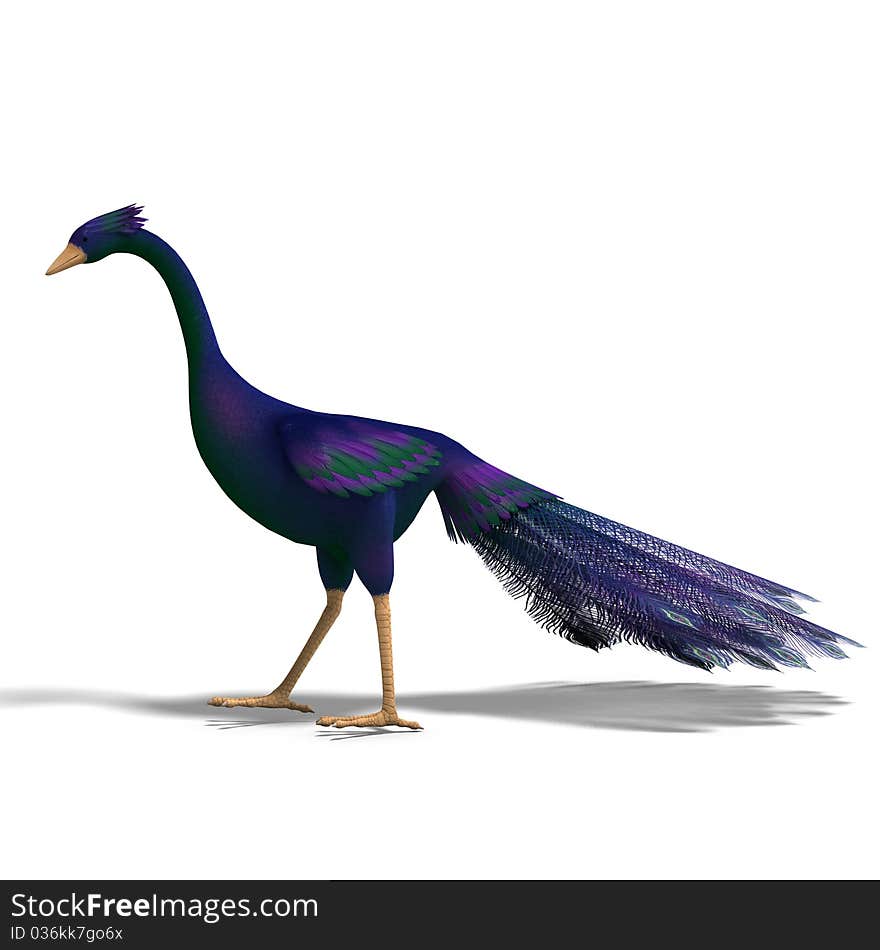 Blue fantasy bird with beautiful feathers. 3D rendering with clipping path and shadow over white